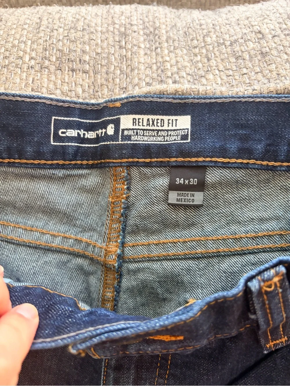 Carhartt Men's Relaxed Jeans - Dark Blue Denim with Gold Stitching